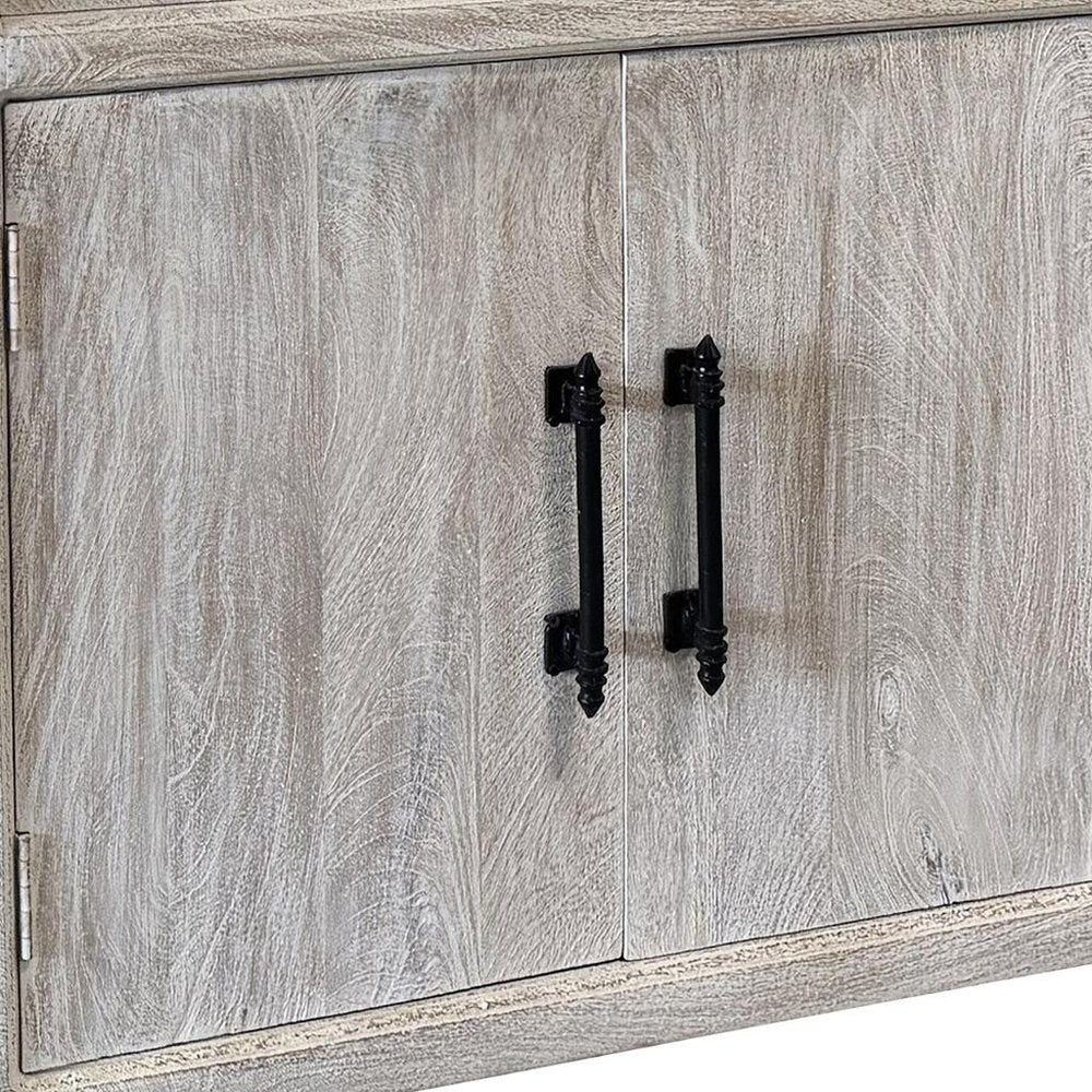 79" White Distressed Solid Wood Paneled Four Drawer Sideboard with Four Doors