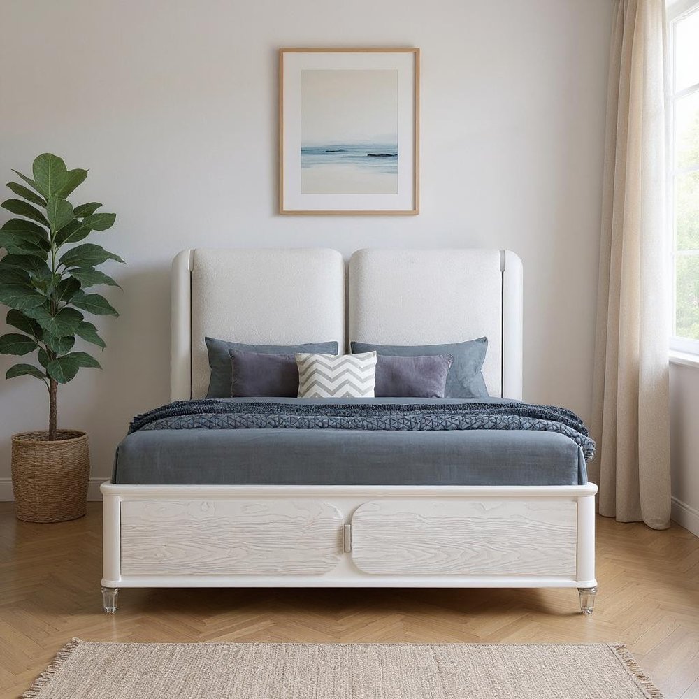 Gray and White Wood And Upholstery Lighted King Bed Frame