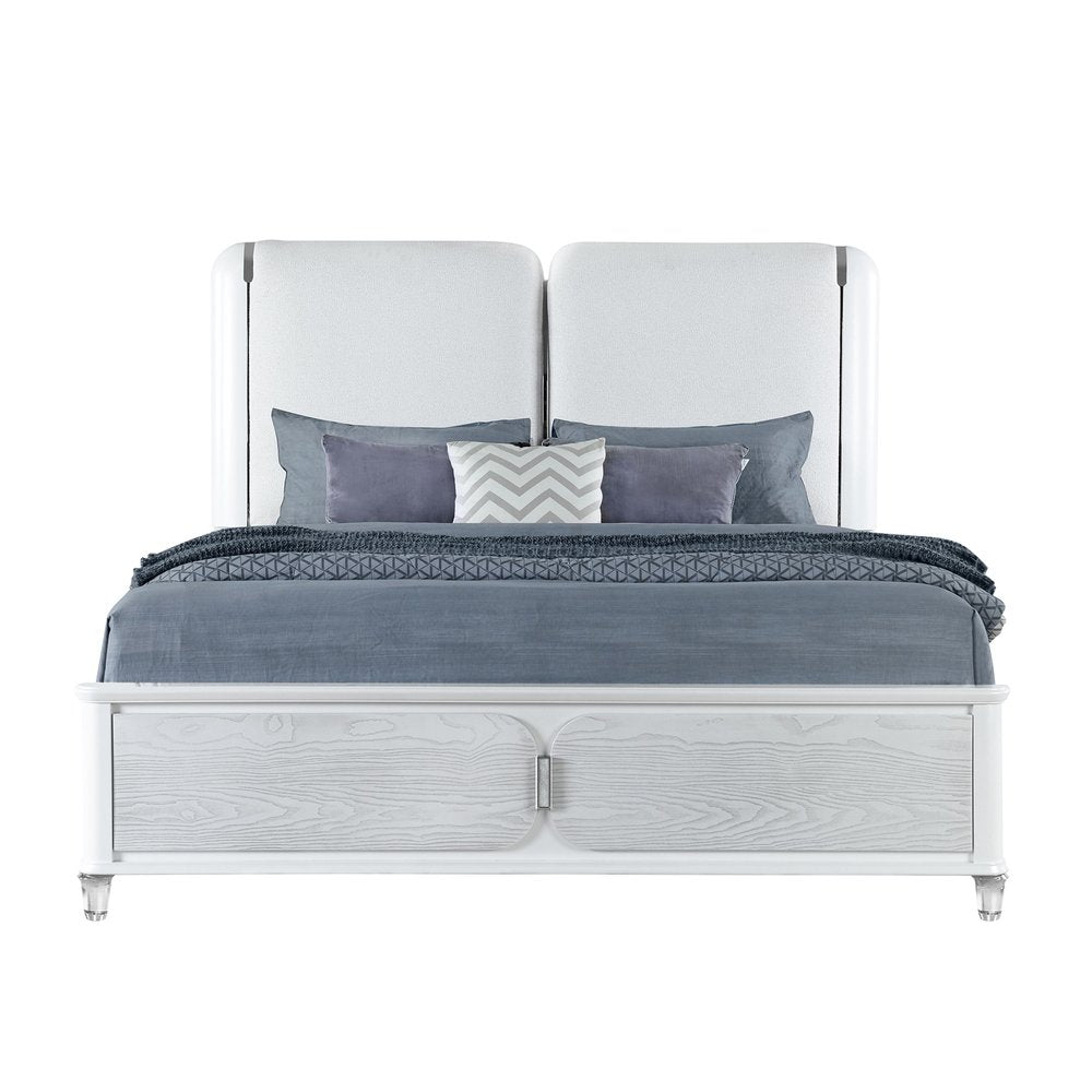 Gray and White Wood And Upholstery Lighted King Bed Frame