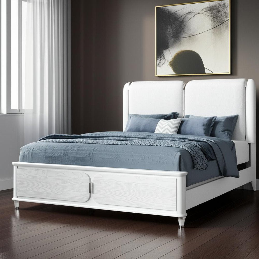 Gray and White Wood And Upholstery Lighted Queen Bed Frame