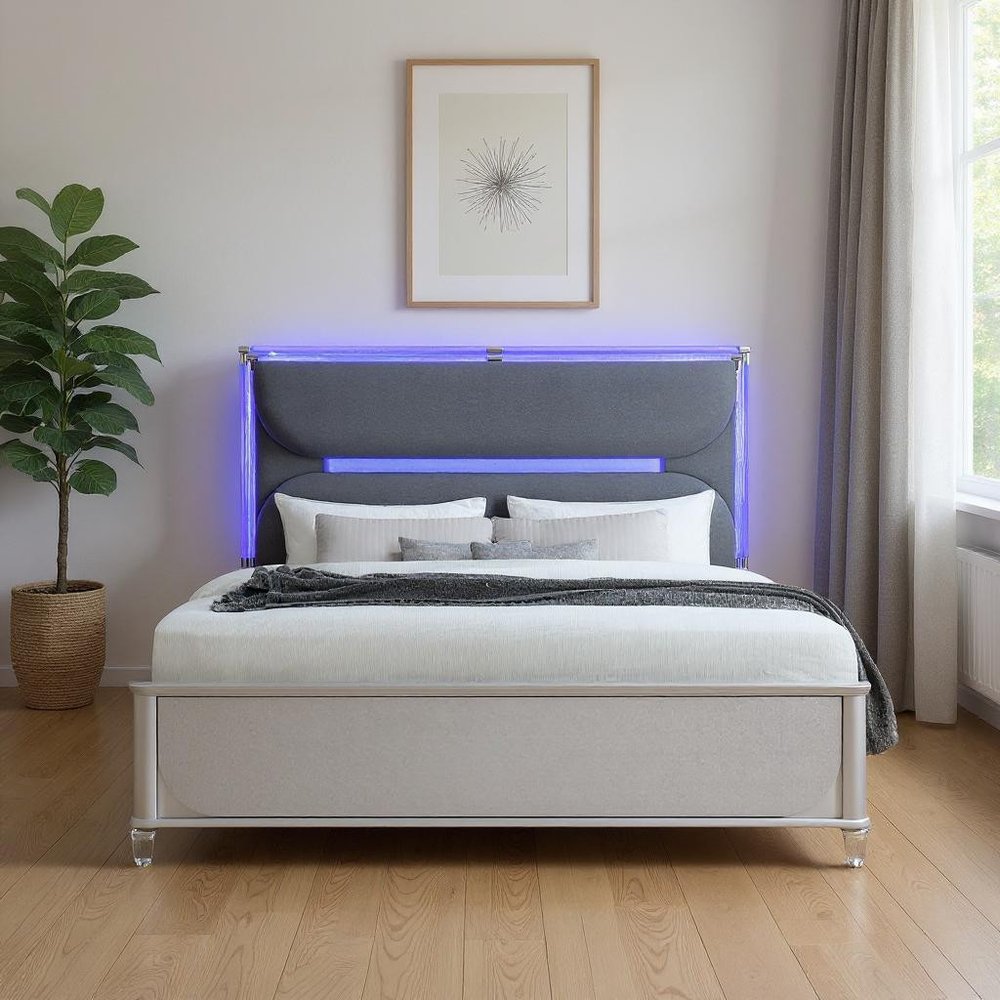 Silver and Gray Wood And Upholstery Lighted King Bed Frame