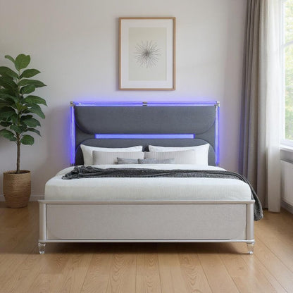 Silver and Gray Wood And Upholstery Lighted King Bed Frame