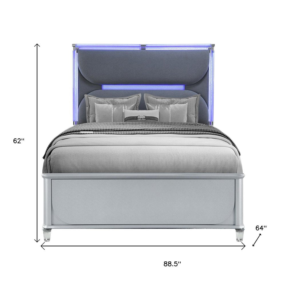 Silver and Gray Wood And Upholstery Lighted Queen Bed Frame