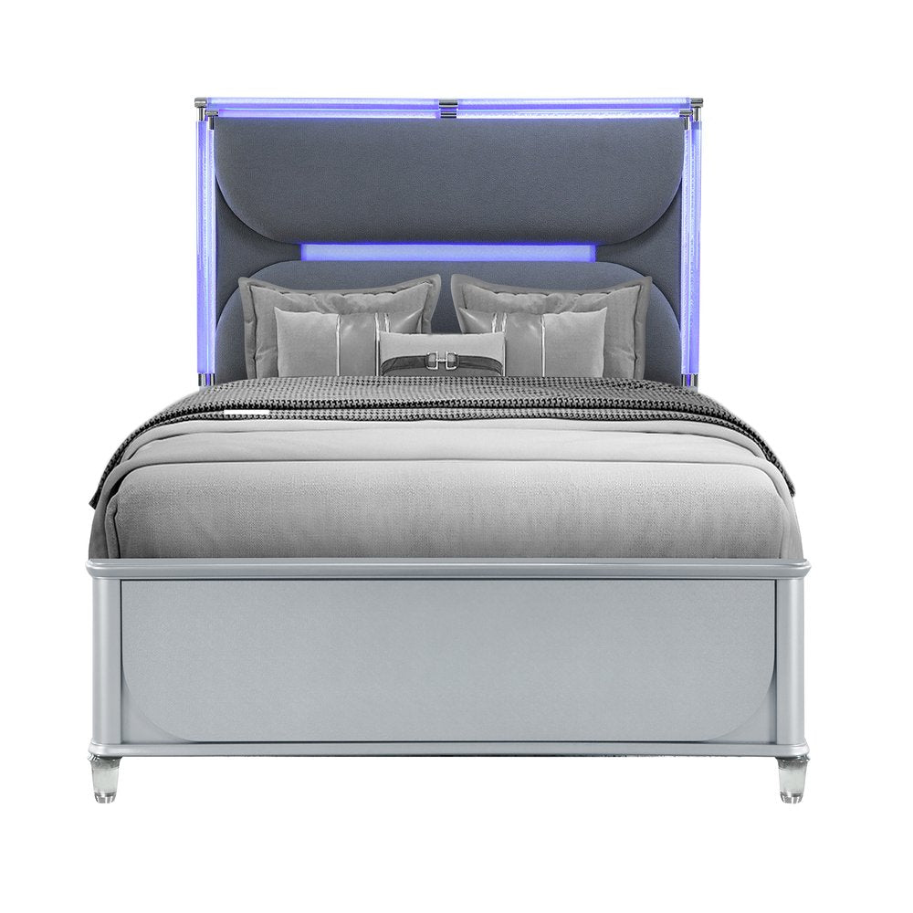 Silver and Gray Wood And Upholstery Lighted Queen Bed Frame