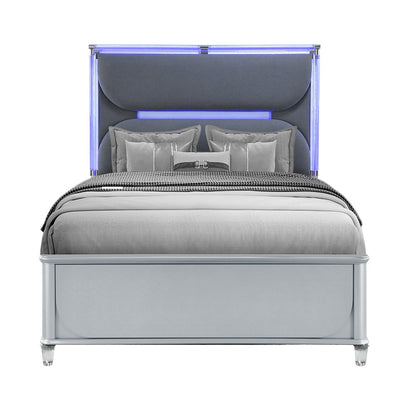 Silver and Gray Wood And Upholstery Lighted Queen Bed Frame