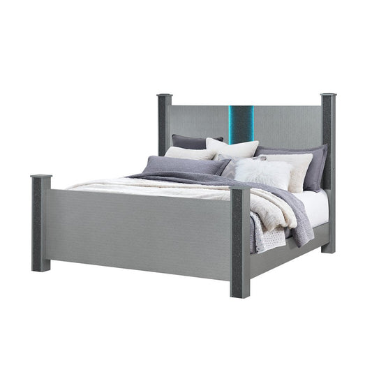 Silver Wood And Faux Crystals Lighted Full Four Poster Bed Frame