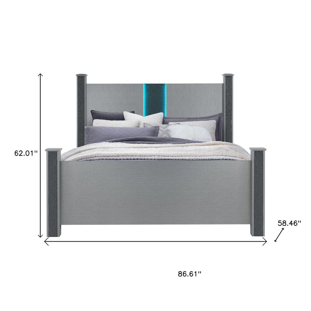 Silver Wood And Faux Crystals Lighted Full Four Poster Bed Frame