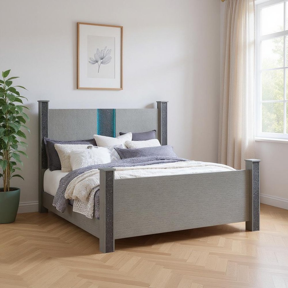 Silver Wood And Faux Crystals Lighted King Four Poster Bed Frame