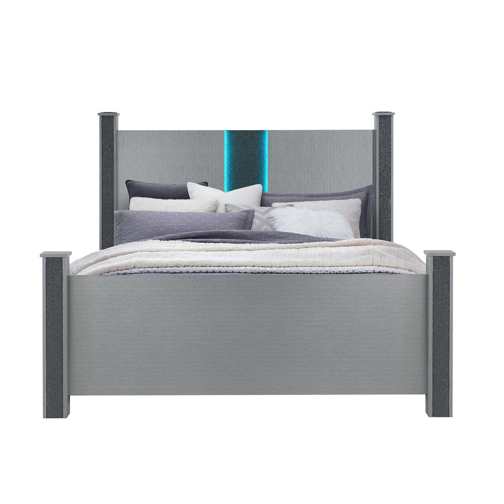 Silver Wood And Faux Crystals Lighted Queen Four Poster Bed Frame