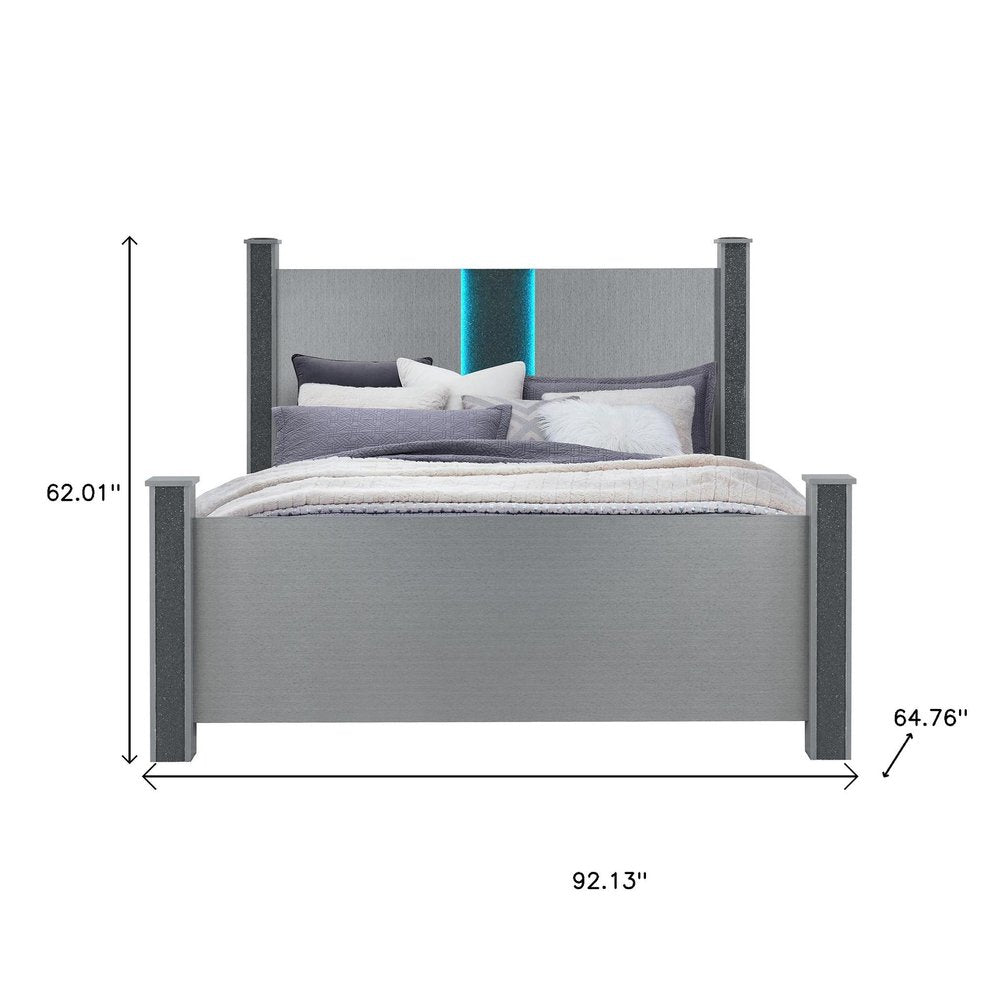 Silver Wood And Faux Crystals Lighted Queen Four Poster Bed Frame