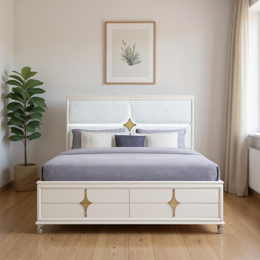 Gold and White Wood And Upholstery Lighted King Bed Frame