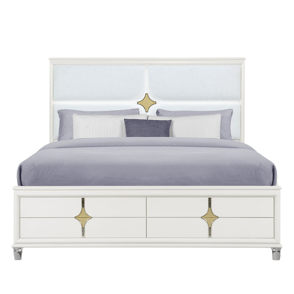 Gold and White Wood And Upholstery Lighted King Bed Frame