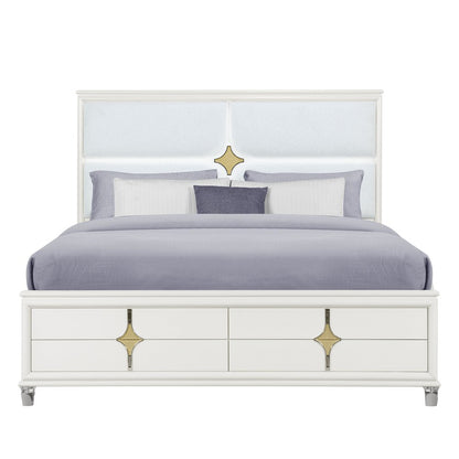 Gold and White Wood And Upholstery Lighted King Bed Frame