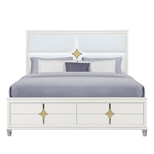Gold and White Wood And Upholstery Lighted King Bed Frame