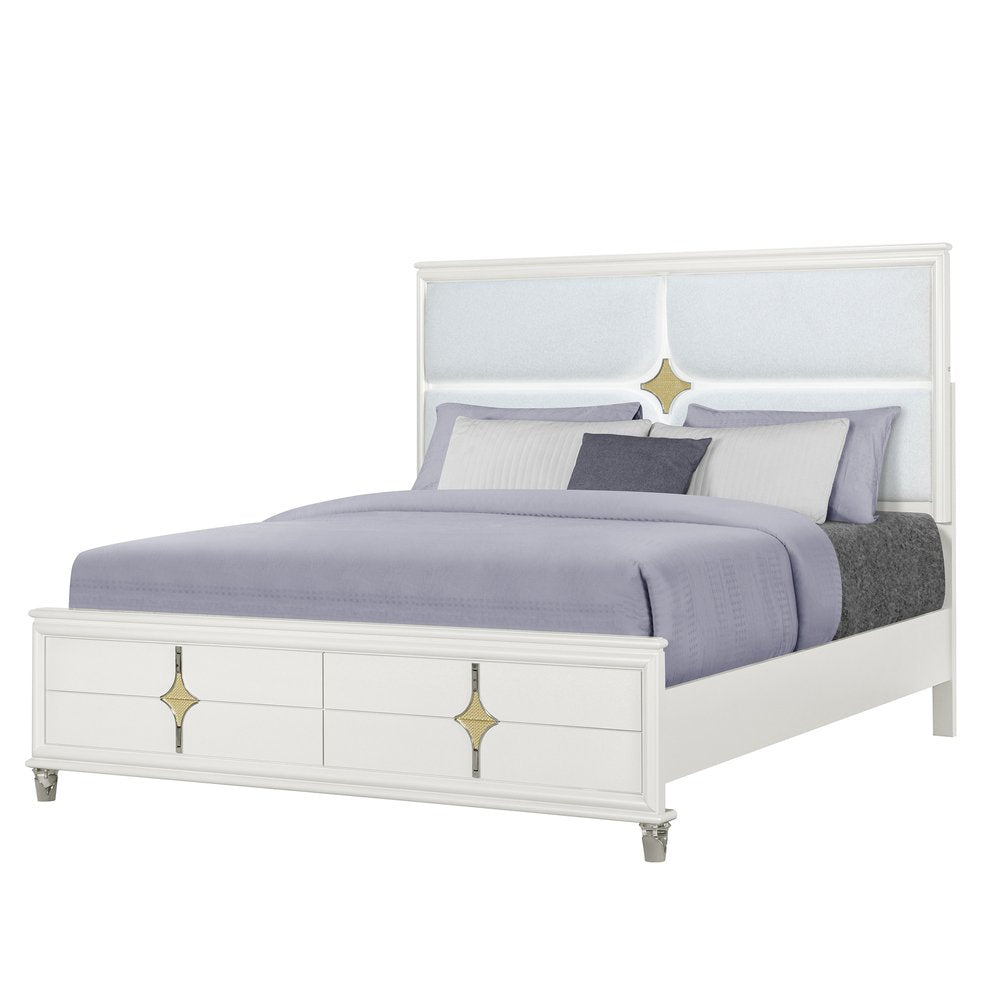 Gold and White Wood And Upholstery Lighted King Bed Frame