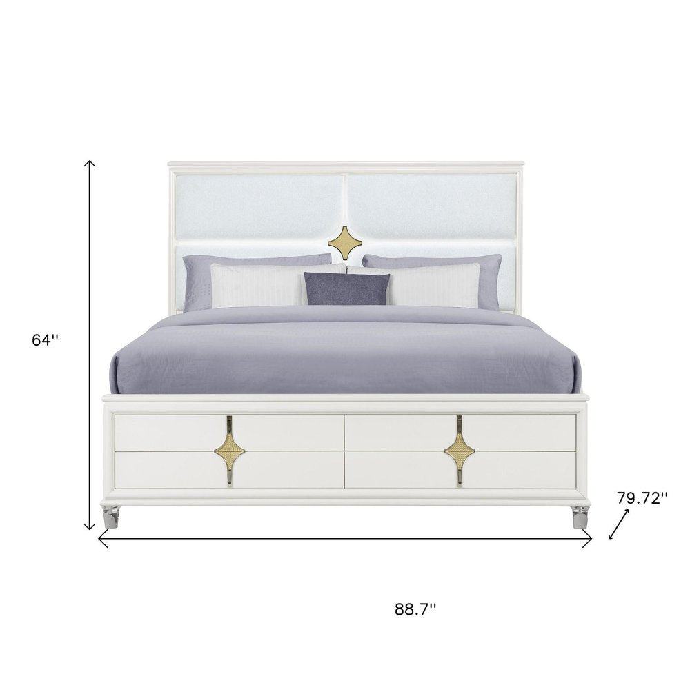 Gold and White Wood And Upholstery Lighted King Bed Frame