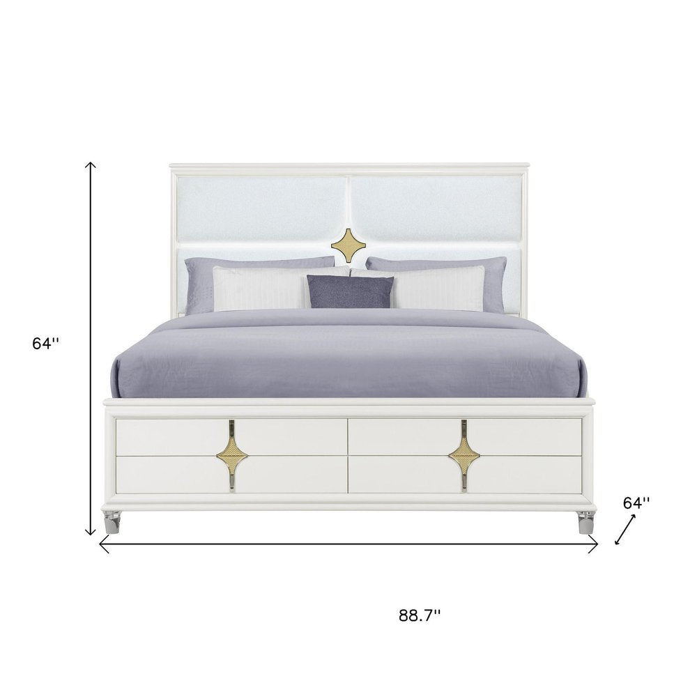 Gold and White Wood And Upholstery Lighted Queen Bed Frame