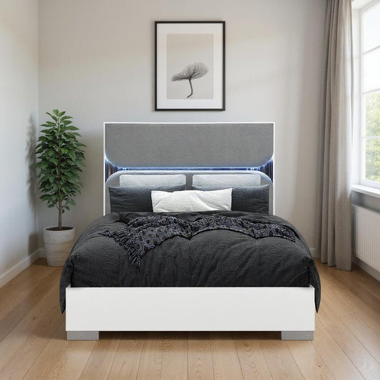 White and Gray Wood And Upholstery Lighted Queen Bed Frame