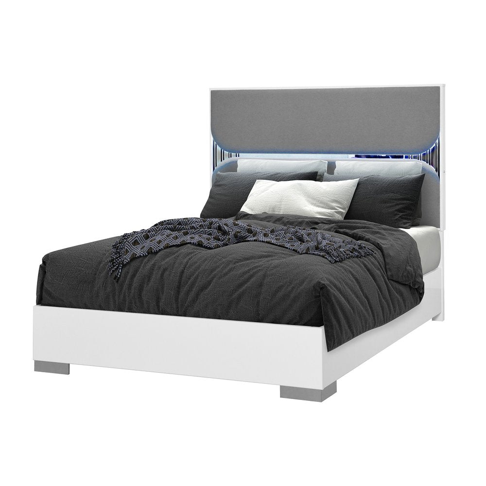 White and Gray Wood And Upholstery Lighted Queen Bed Frame