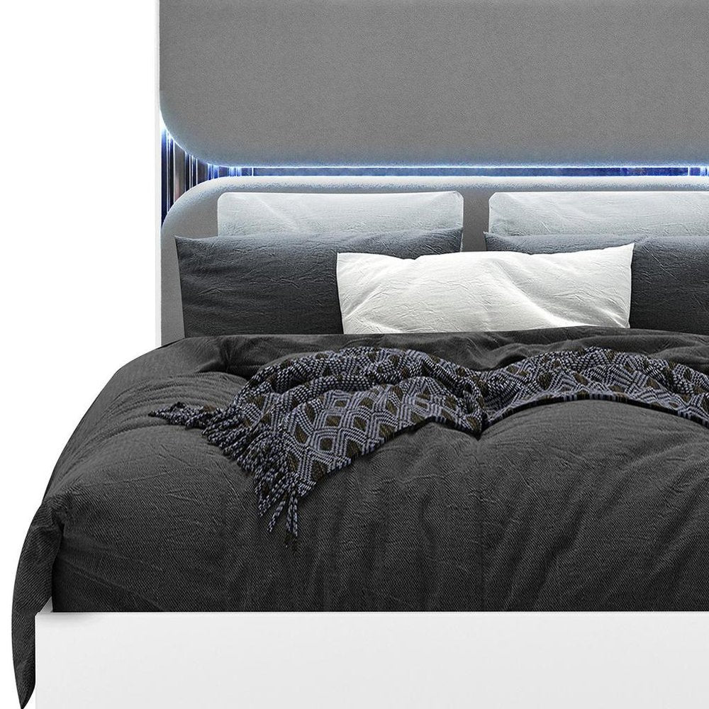 White and Gray Wood And Upholstery Lighted Queen Bed Frame