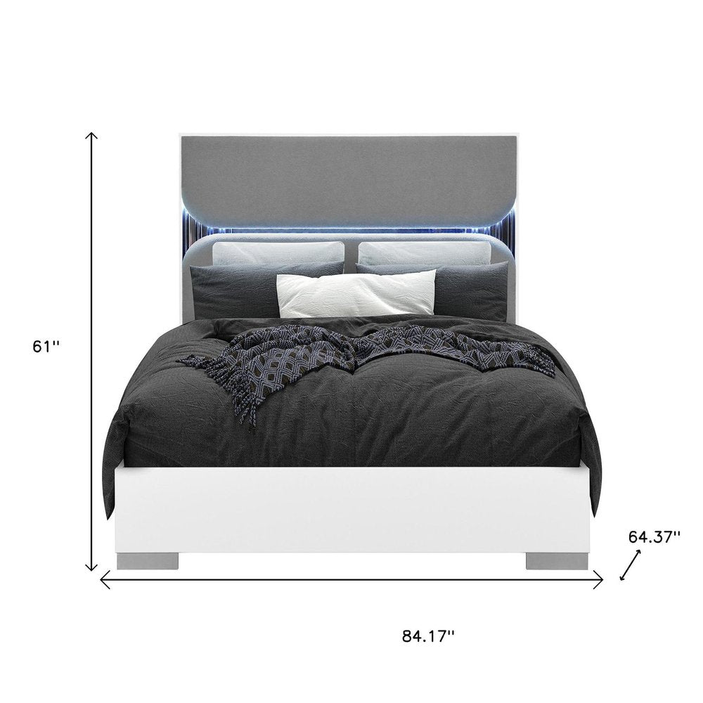 White and Gray Wood And Upholstery Lighted Queen Bed Frame