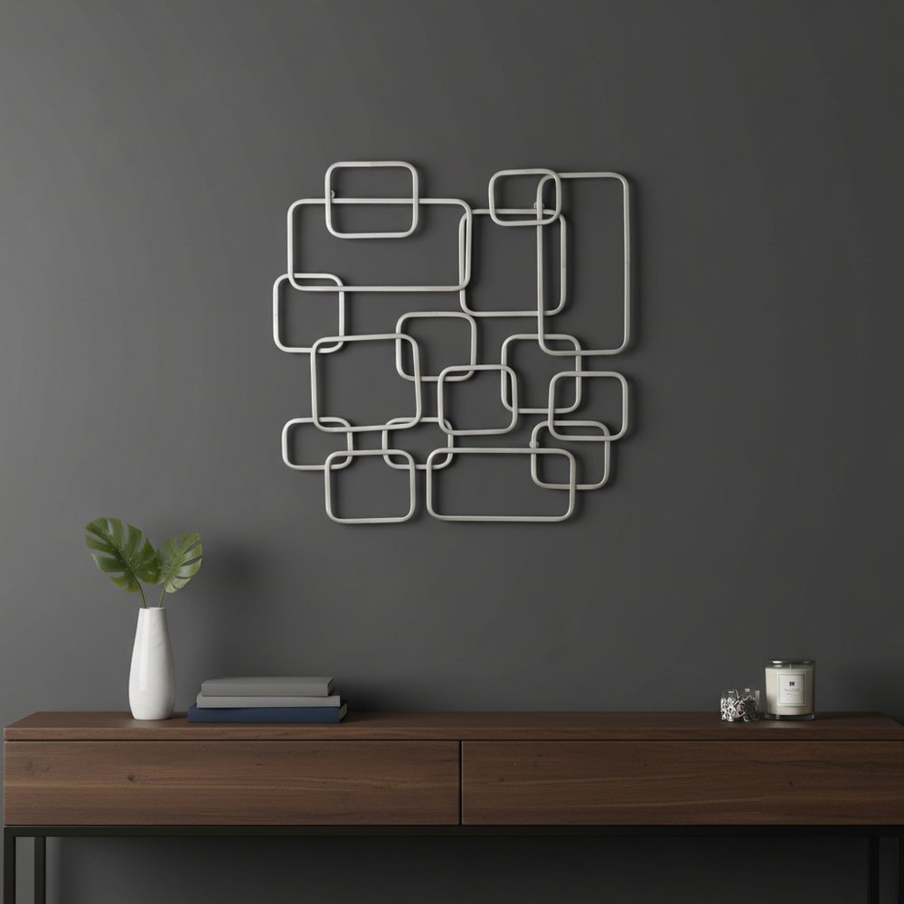 27" X 26" Silver Geometric Metal Abstract Hanging Dimensional Sculpture