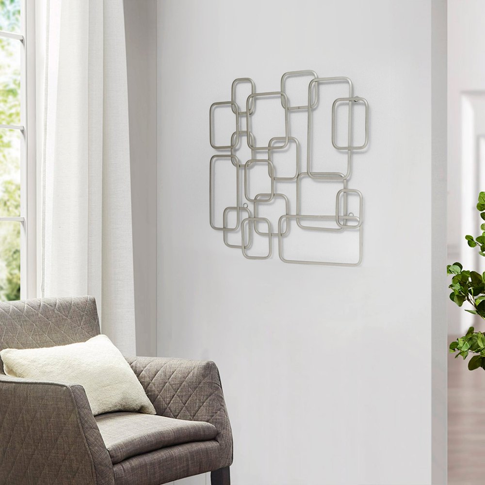 27" X 26" Silver Geometric Metal Abstract Hanging Dimensional Sculpture