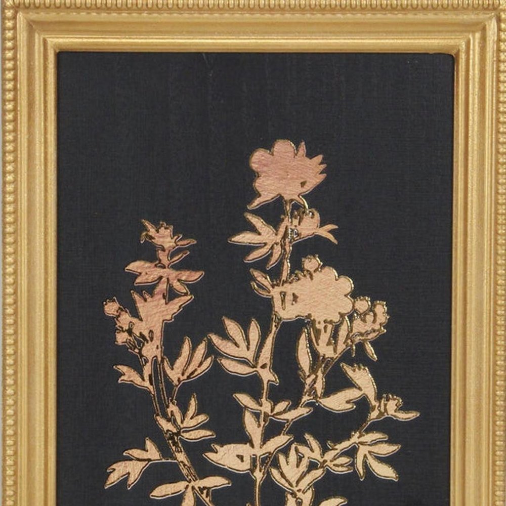 21" X 14" Gold And Black Flower Bouquet Wood Framed Art