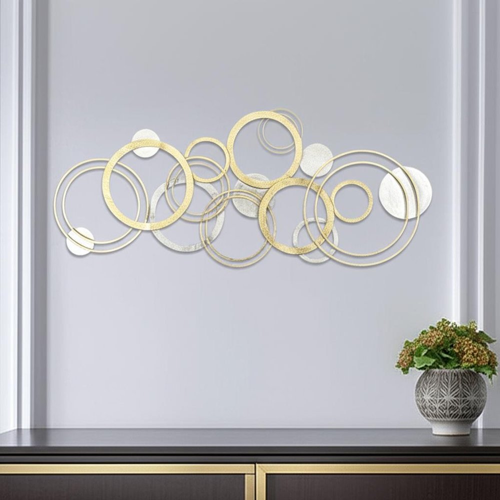 18" X 44" Gold And Silver Geometric Metal Round Discs Hanging Dimensional Sculpture
