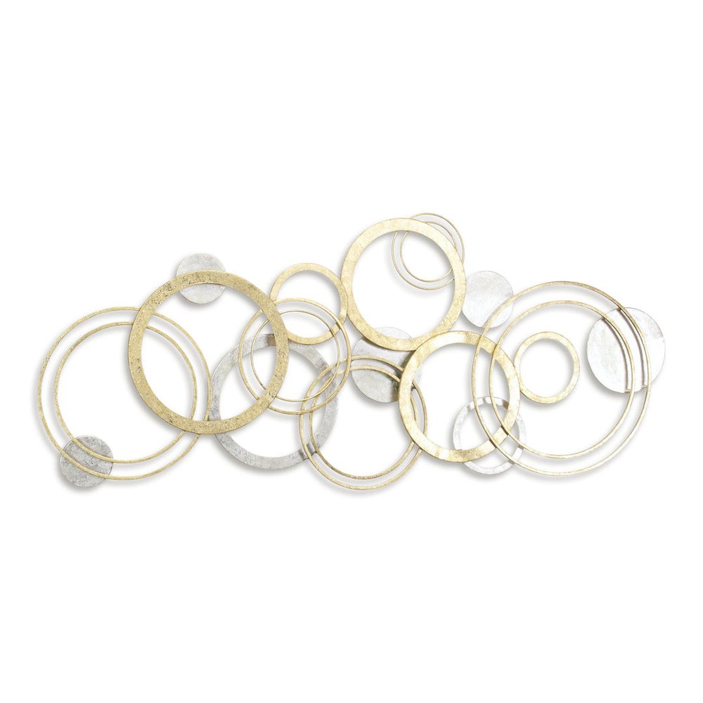 18" X 44" Gold And Silver Geometric Metal Round Discs Hanging Dimensional Sculpture