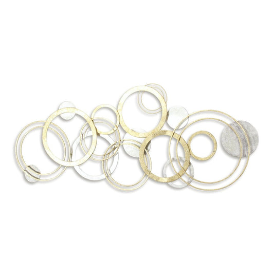 18" X 44" Gold And Silver Geometric Metal Round Discs Hanging Dimensional Sculpture