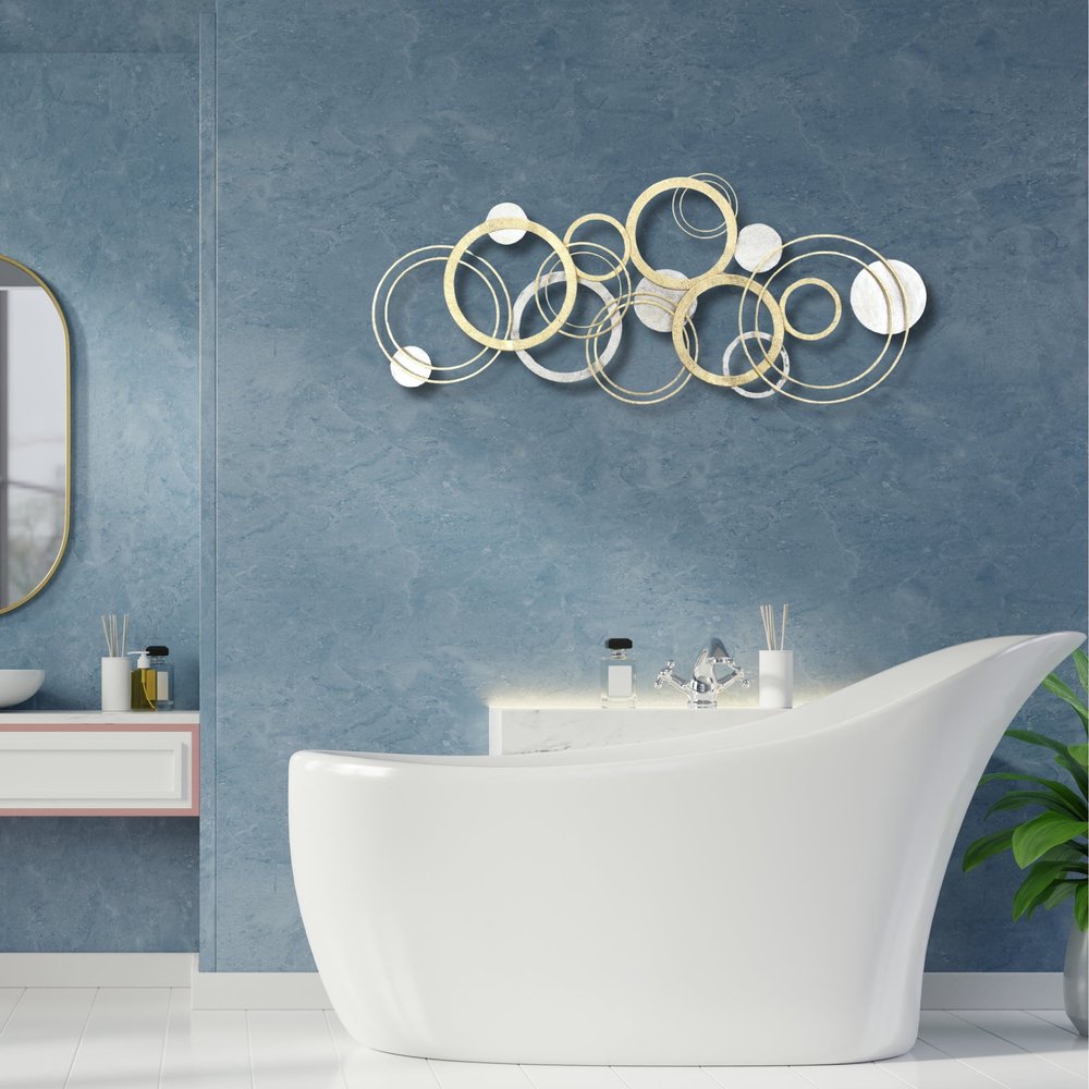 18" X 44" Gold And Silver Geometric Metal Round Discs Hanging Dimensional Sculpture