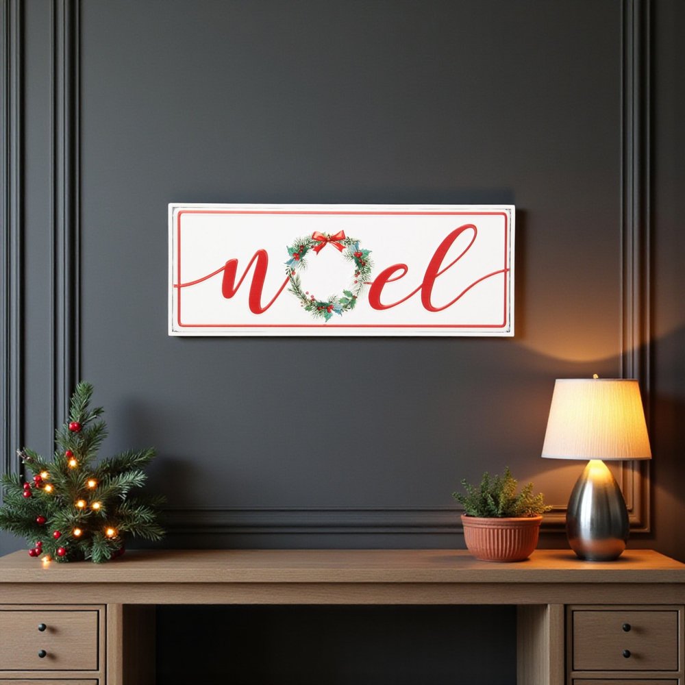 7" X 19" White and Red Christmas Noel Metal Wall Decor