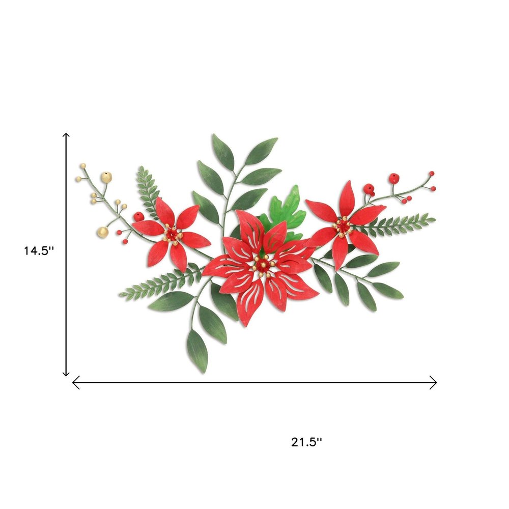 15" X 22" Red Christmas Poinsettia Metal Hanging Dimensional Sculpture