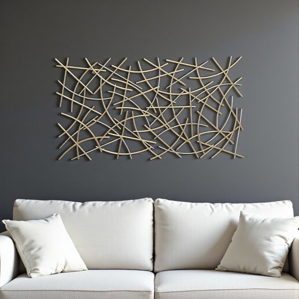 24" X 44" Gold Abstract Lines Metal Hanging Dimensional Sculpture