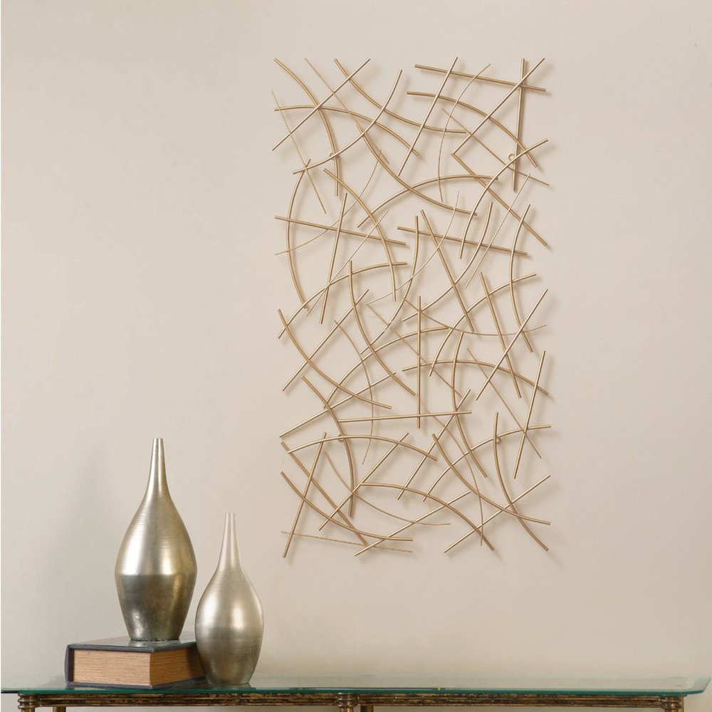 24" X 44" Gold Abstract Lines Metal Hanging Dimensional Sculpture