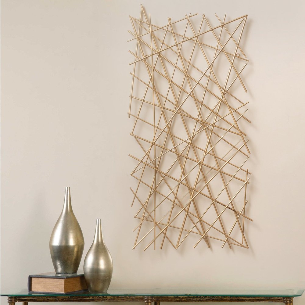 25" X 49" Gold Abstract Lines Metal Hanging Dimensional Sculpture