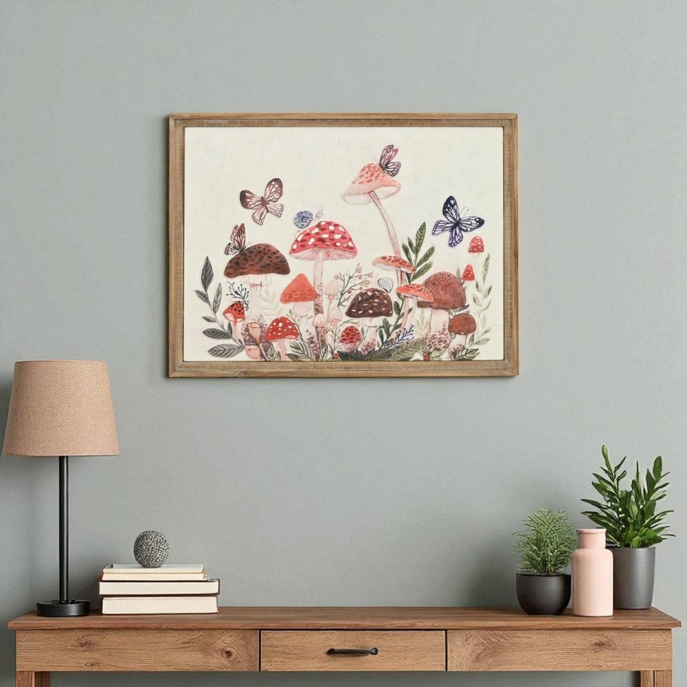 20" X 26" Natural And White Butterflies and Mushrooms Metal Framed Art