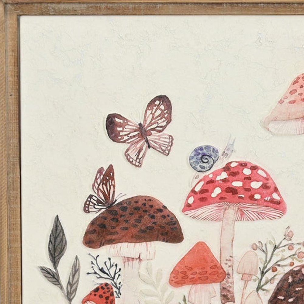 20" X 26" Natural And White Butterflies and Mushrooms Metal Framed Art