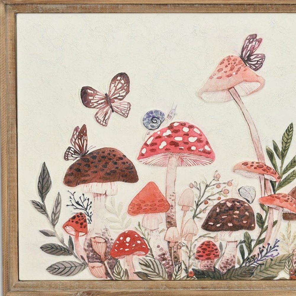 20" X 26" Natural And White Butterflies and Mushrooms Metal Framed Art