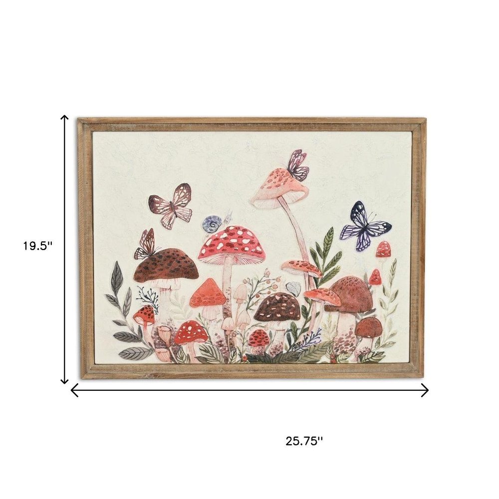 20" X 26" Natural And White Butterflies and Mushrooms Metal Framed Art