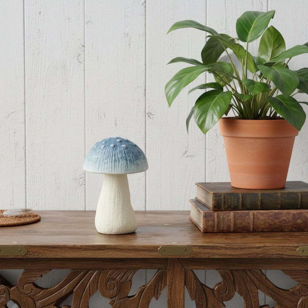 6" Blue And Off White Cast Iron Mushroom Tabletop Sculpture