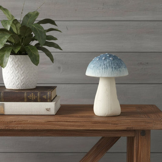 6" Blue And Off White Cast Iron Mushroom Tabletop Sculpture