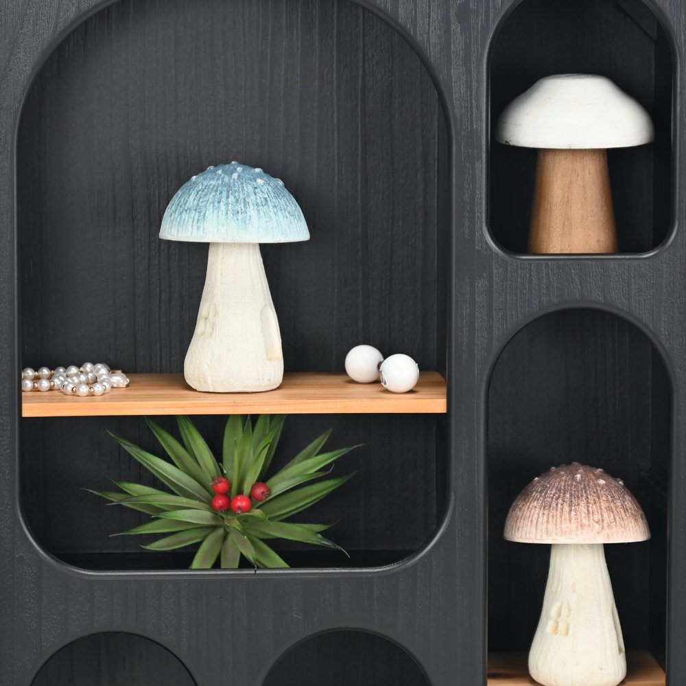 6" Blue And Off White Cast Iron Mushroom Tabletop Sculpture