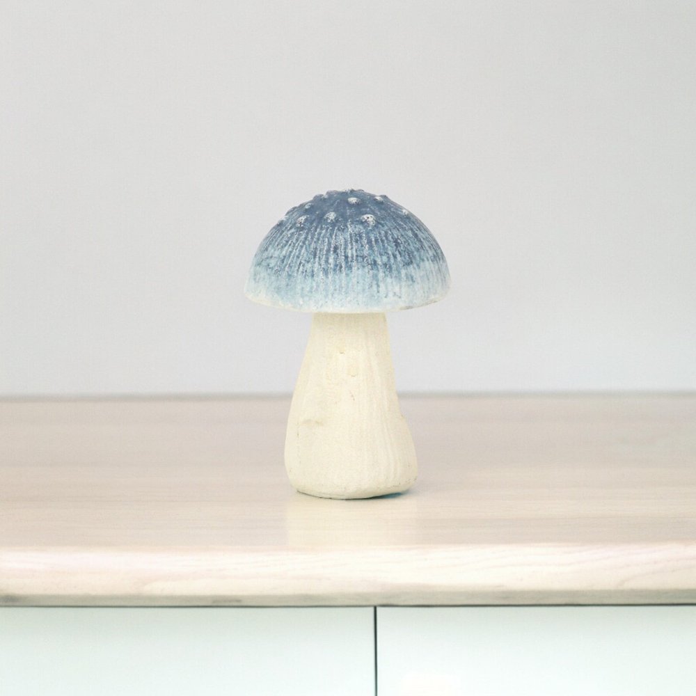 6" Blue And Off White Cast Iron Mushroom Tabletop Sculpture