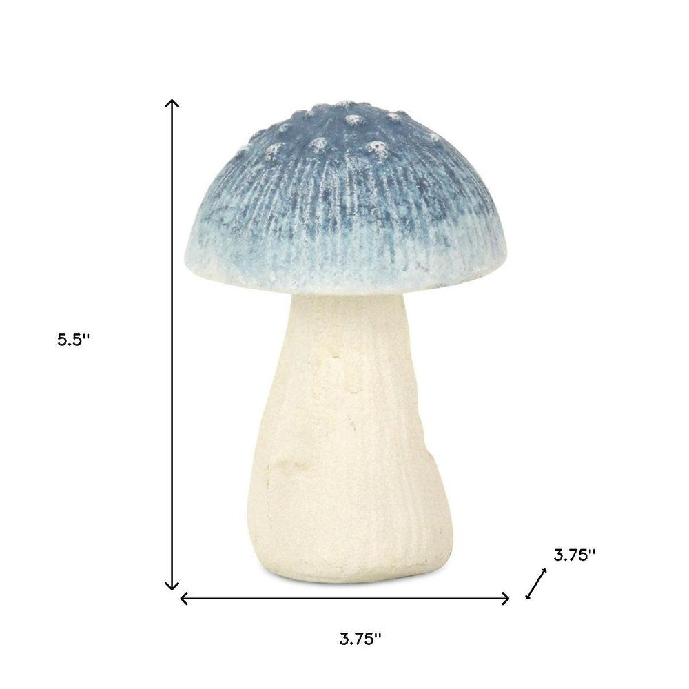 6" Blue And Off White Cast Iron Mushroom Tabletop Sculpture