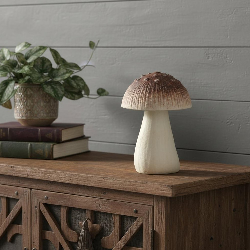 6" Red And Off White Cast Iron Mushroom Tabletop Sculpture