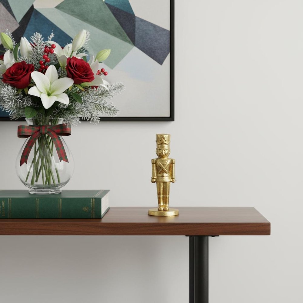 7" Gold Cast Iron Christmas Nutcracker Hand Painted Figurine