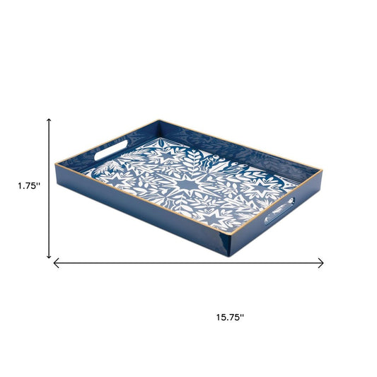 16" Blue And White Geometric Star And Trees Serving Tray With Handles