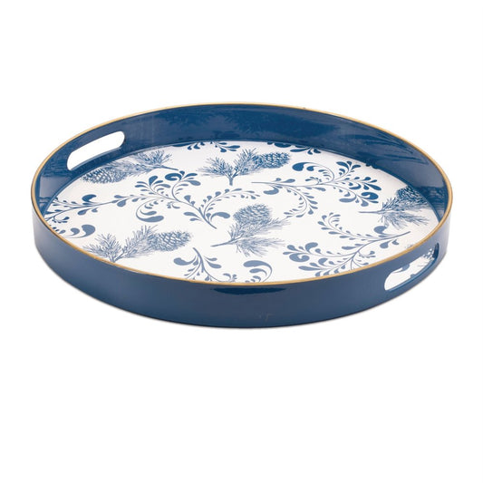 14" Blue White And Gold Pinecone Round Serving Tray